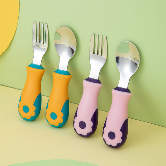 Self-Feeding Steel Spoon & Fork Set – Safe Colors for Toddlers