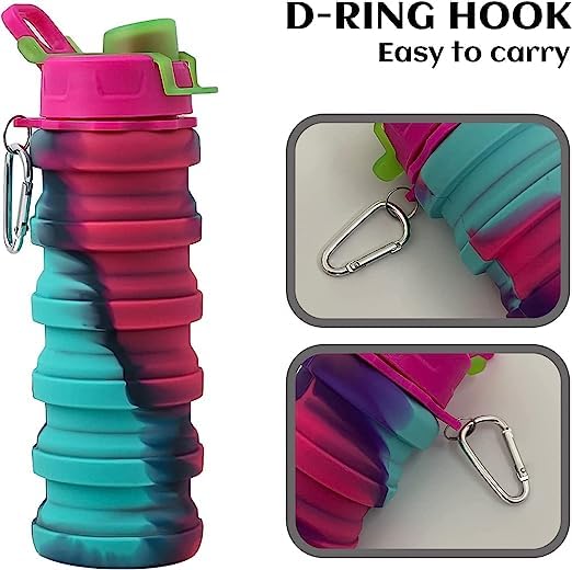 Collapsible Water Bottle, BPA Free Silicone Foldable Water Bottles for Travel Gym Camping Hiking, Portable Leak Proof Sports 500 ml Water Bottle With Keychain