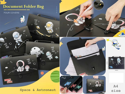Space Theme 12 Pocket Expanding File Folder with Color Labels, Waterproof Vinyl Document Folder Mesh Organizer Bag A4 Size- School-Office-Personal Use