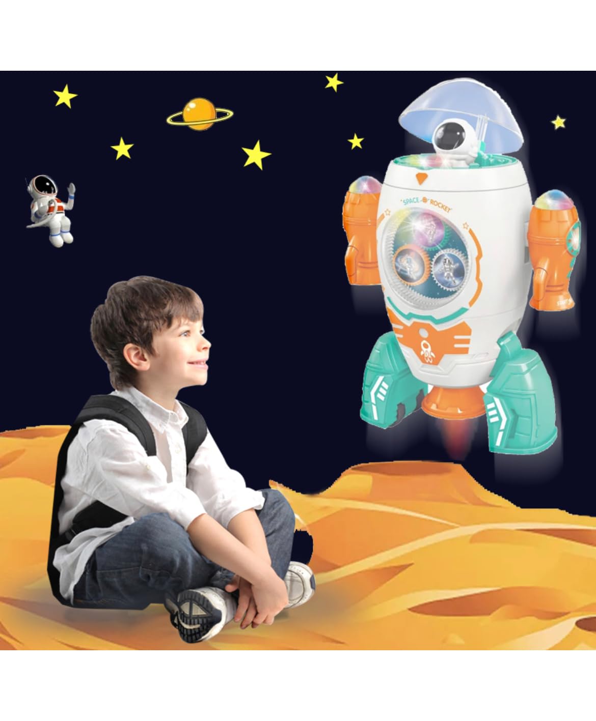 Space Rocket Robot Toy for Kids 3+ - 360° Rotation, Lights, Music & Dancing Action