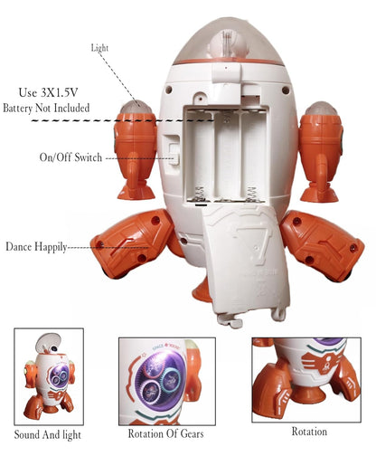 Space Rocket Robot Toy for Kids 3+ - 360° Rotation, Lights, Music & Dancing Action