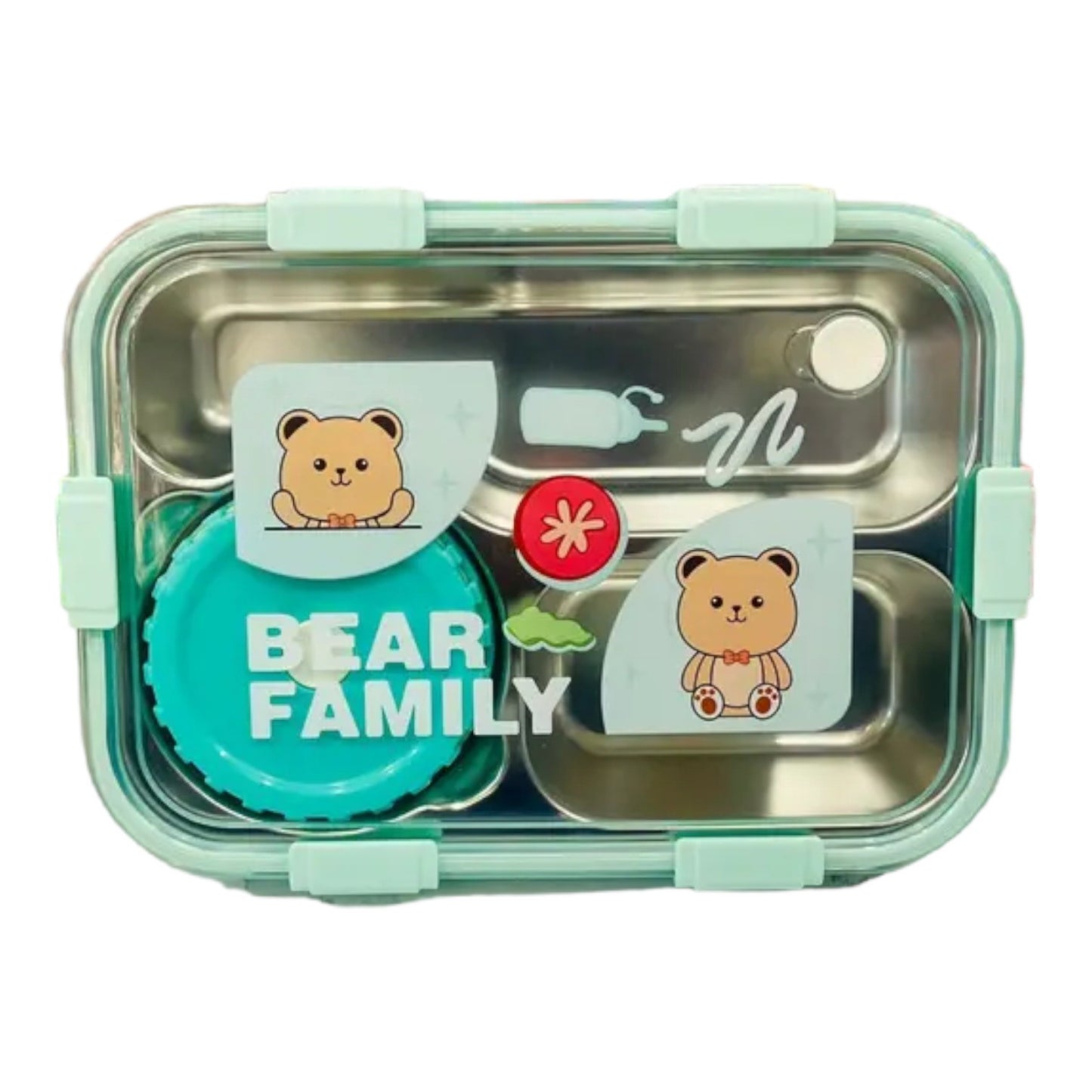 Bear Family 3 Grid Tiffin Snacks Lunch Box and Bowl with Lid