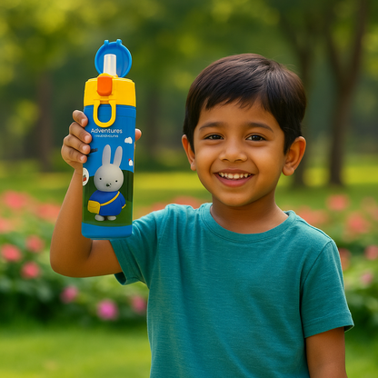 Blue Cartoon Thermos Water Bottle – 500ml Insulated Stainless Steel Hot & Cold Flask for Kids