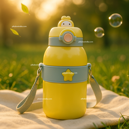 Cartoon Steel Kids Water Bottle – Insulated Thermos with Strap for School Use