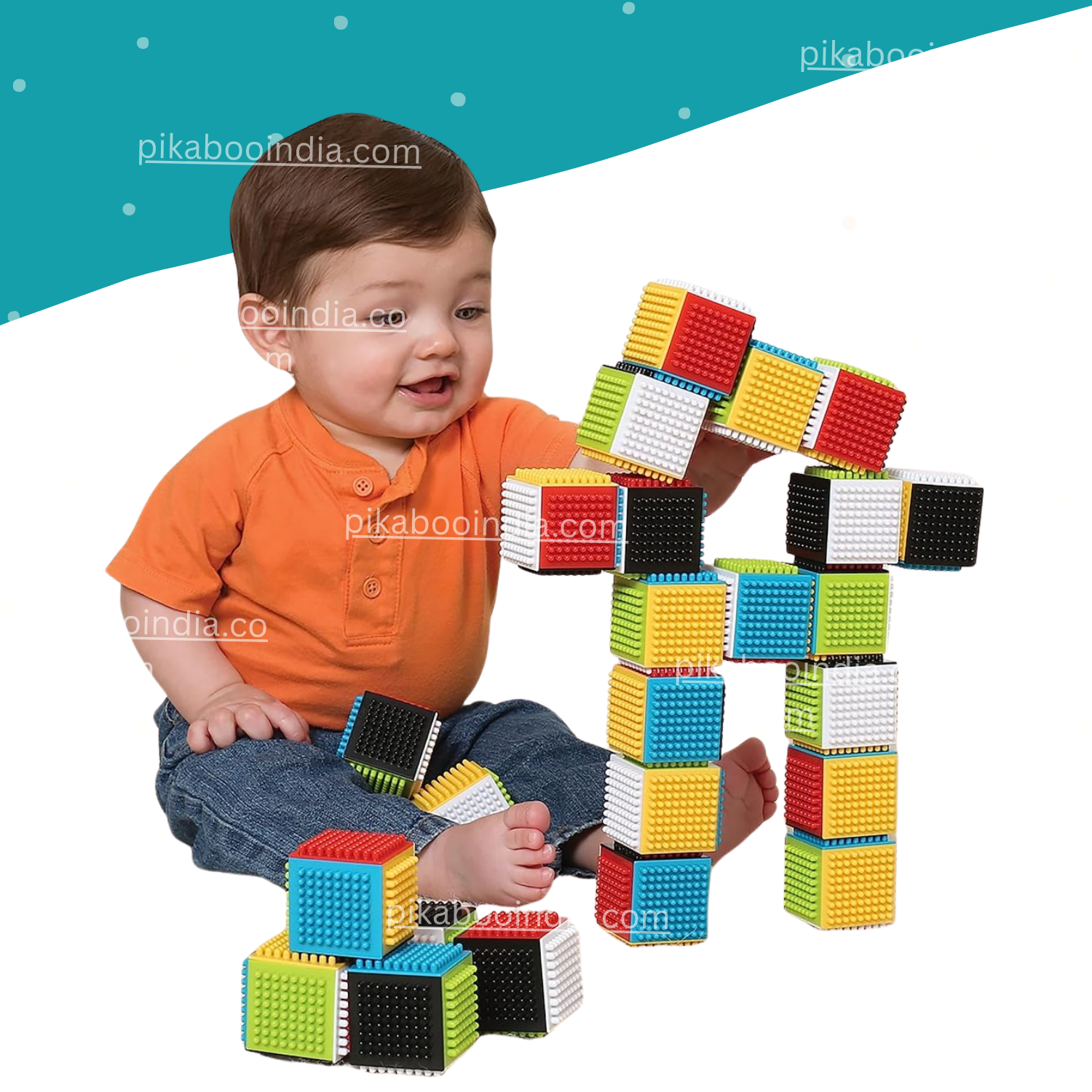 PiK A BOO Press & Stay Sensory Blocks – Soft Textured Building Toy for Babies 6M+