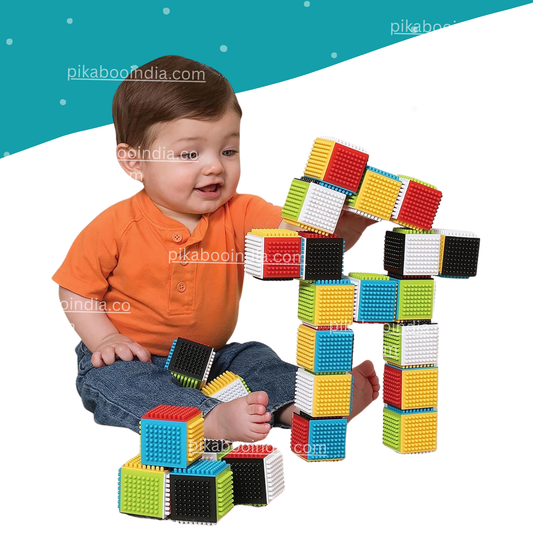 PiK A BOO Press & Stay Sensory Blocks – Soft Textured Building Toy for Babies 6M+