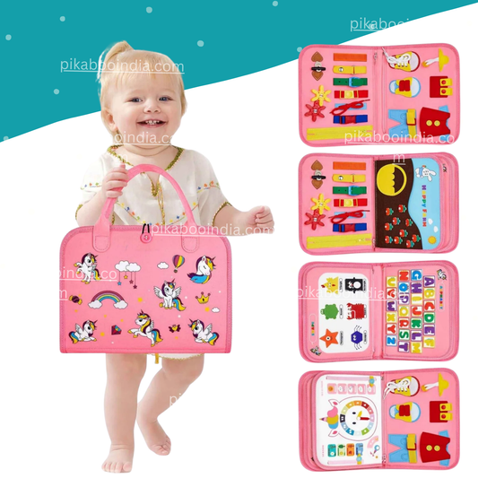 Unicorn Busy Quiet Book Bag | Montessori Activity Kit for Toddlers – 15+ Educational Games for Early Development