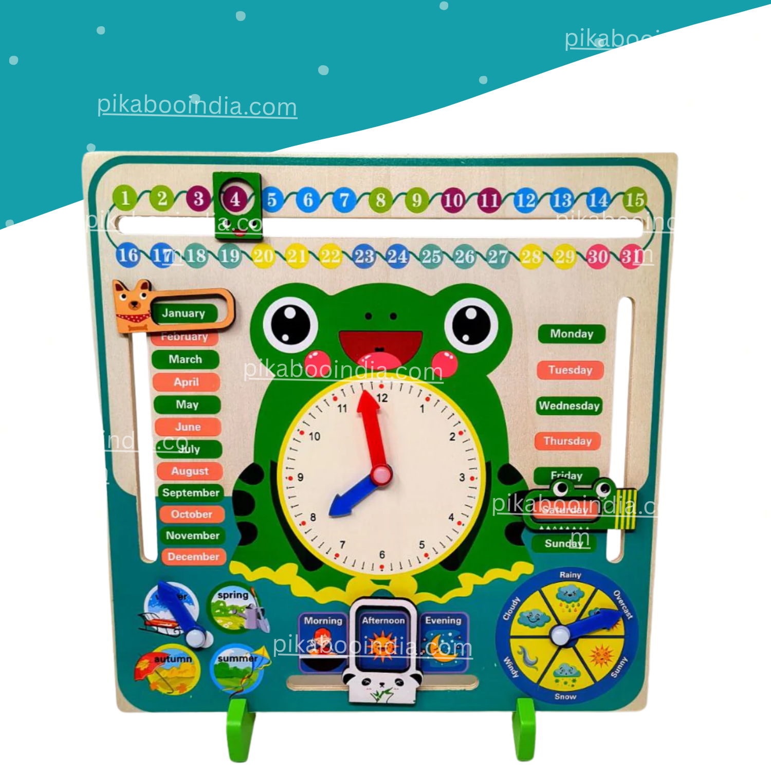 Wooden Frog Learning Clock Set | Educational Calendar Toy for Kids – Time, Weather & Cognitive Skill Development