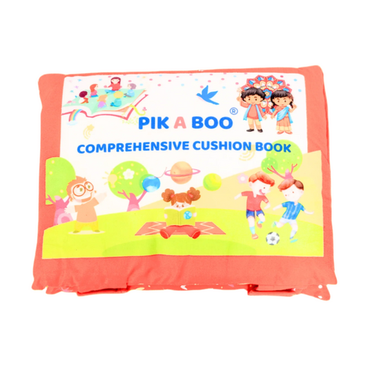 Children's cushion book titled 'Pik a Boo' on an white background with cartoon characters and text.