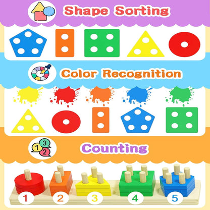 Wooden Geometric Shape Stacker – 5 Column Multi Colour Puzzle & Sorting Toy | Preschool Learning
