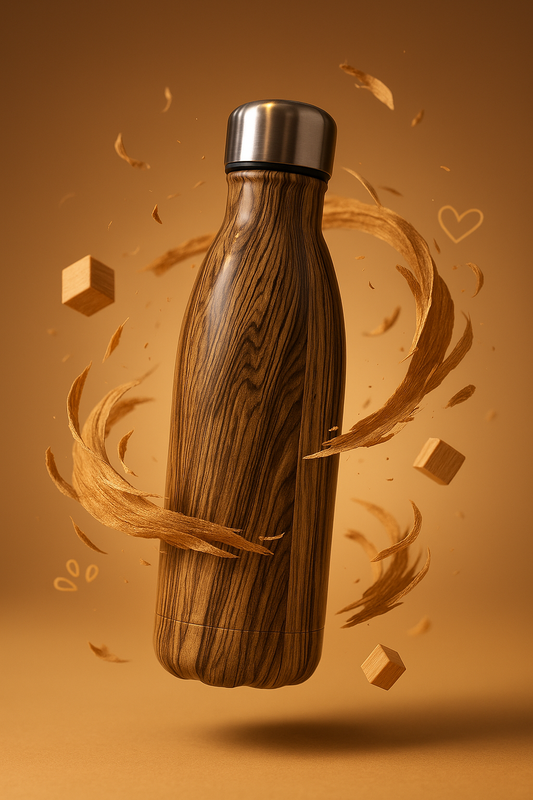 Brown Wood-Style Insulated Water Bottle – 500ml Leakproof Hot & Cold Steel Thermos