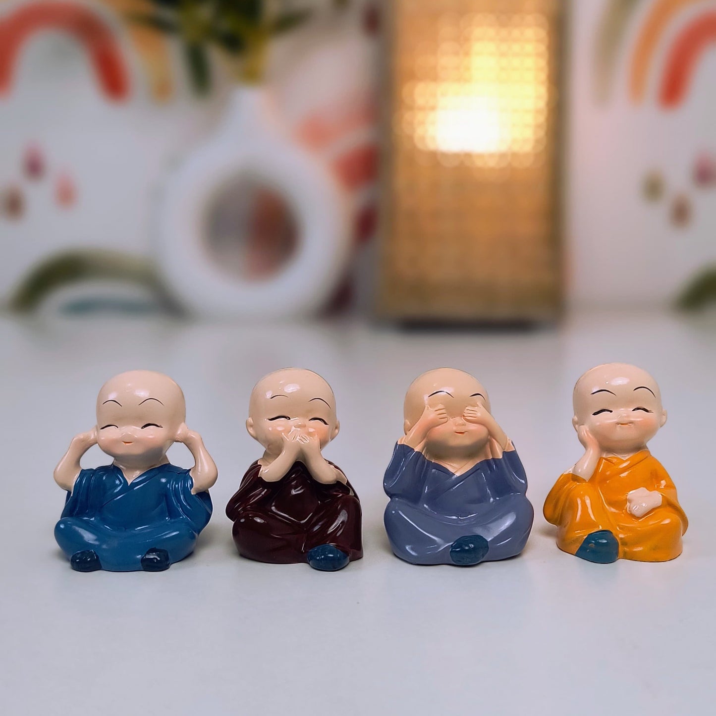 Laughing Buddha Monk Statues Set of 4 for Good Luck - Aesthetic Good Luck  Decor for Car, Tabletop & Home