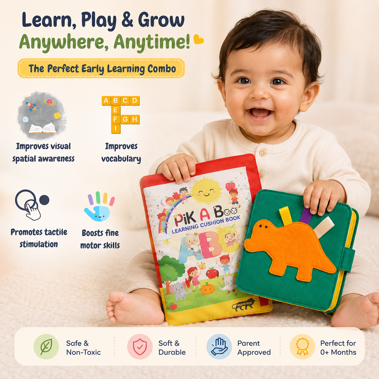 Baby Busy Book for Toddlers Aged 6-24 Months - Fun Activity Fabric Quiet Book