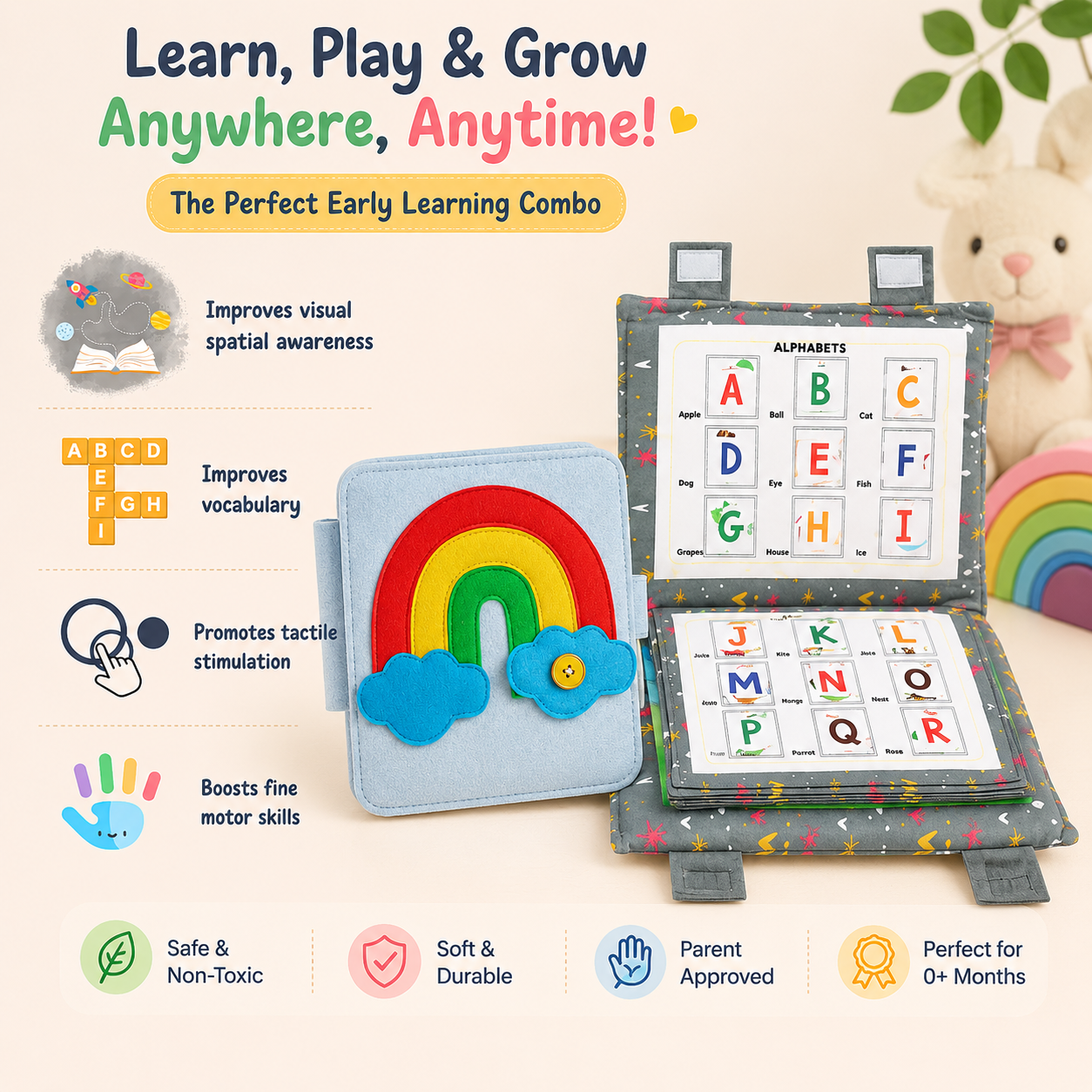 Baby Busy Book for Toddlers Aged 6-24 Months - Fun Activity Fabric Quiet Book