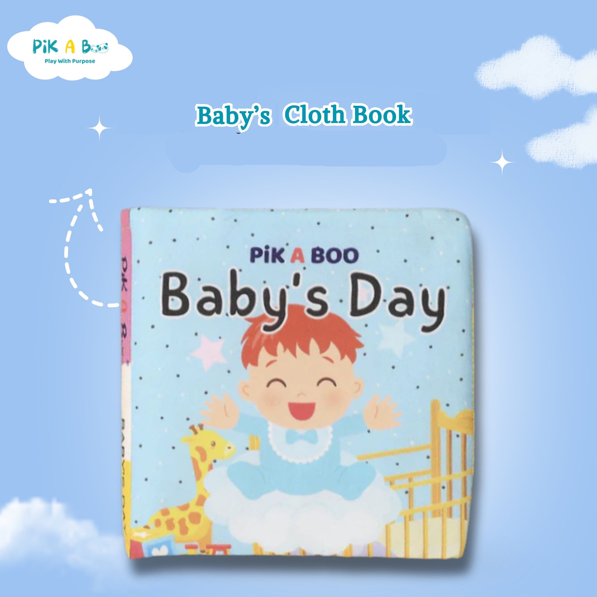 Baby's cloth book titled 'Baby's Day' by Pik A Boo on a blue background with clouds.