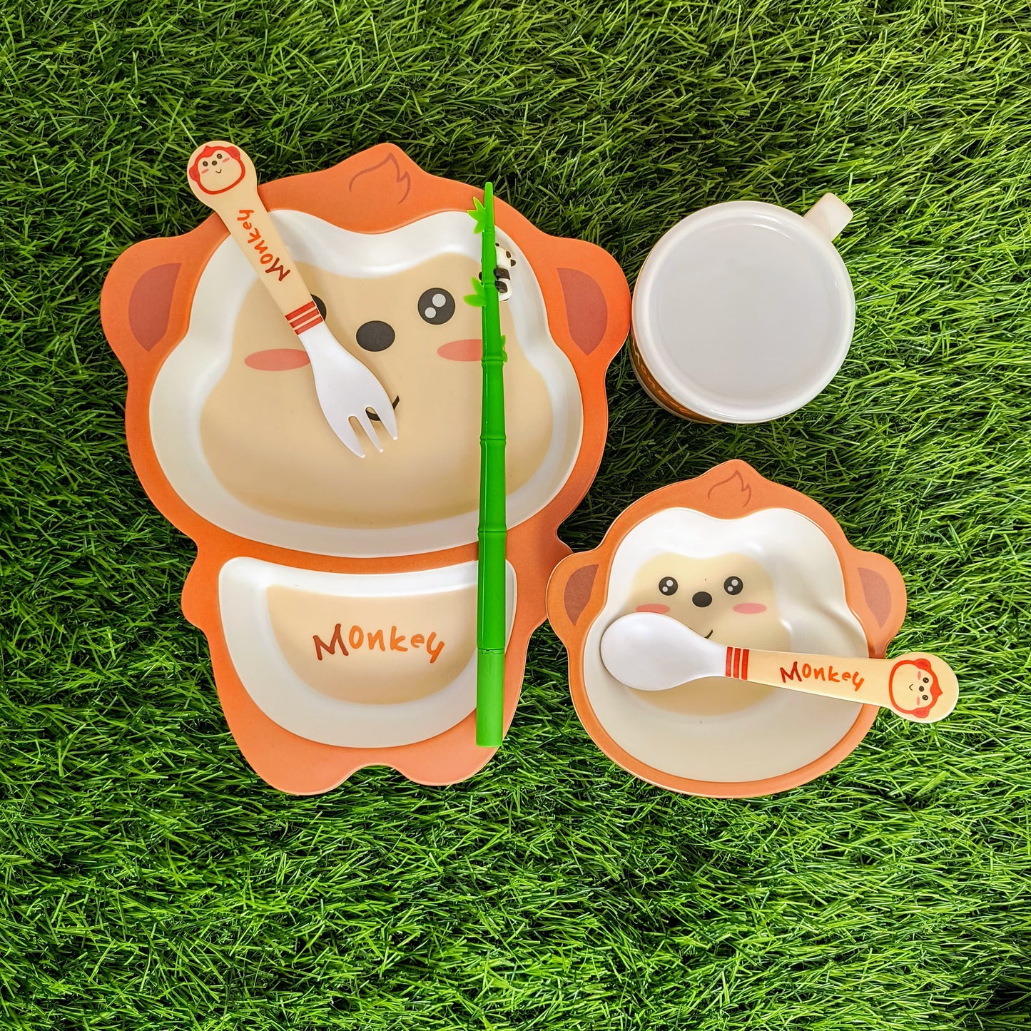 Monkey-Shaped Bamboo Fiber Tableware Set for Kids – Perfect for Baby Self-Feeding