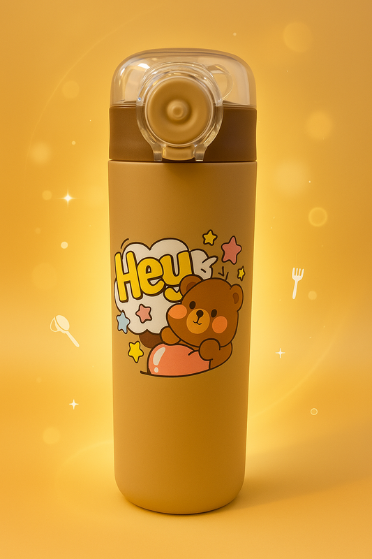 Brown “Hey Beer” Kids Thermos Water Bottle – 500ml Insulated Leakproof Flask with Straw Lid