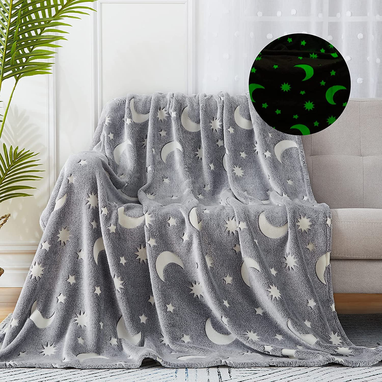 Grey Star Moon Super Soft Warm Glow in The Dark Blanket for kids, infants, children, toddler