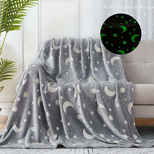 Grey Star Moon Super Soft Warm Glow in The Dark Blanket for kids, infants, children, toddler