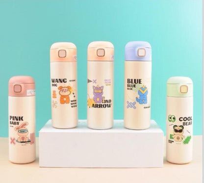 Cute Cartoon Bear Insulated Stainless Steel Printed Push Button Sipper Bottle 420 ML (3409)
