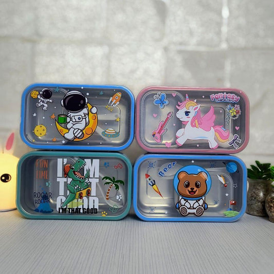 Cartoon-Printed Stainless Steel Lunch Box with 2 Compartments – Leakproof, Vacuum-Sealed, and Kid-Friendly with Spoon & Fork