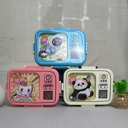 Cartoon Printed 2 -Grid Lunch Box for Kids with Spoon & Sauce Container – Stainless Steel, Leakproof and Durable