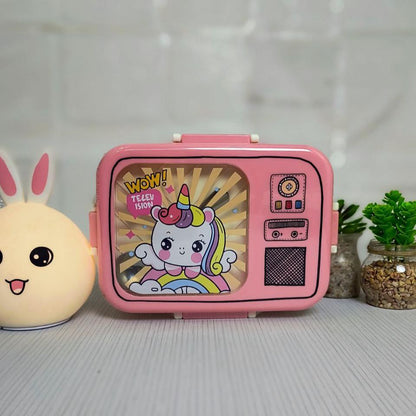 Cartoon Printed 2 -Grid Lunch Box for Kids with Spoon & Sauce Container – Stainless Steel, Leakproof and Durable