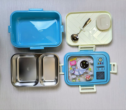 Cartoon Printed 2 -Grid Lunch Box for Kids with Spoon & Sauce Container – Stainless Steel, Leakproof and Durable