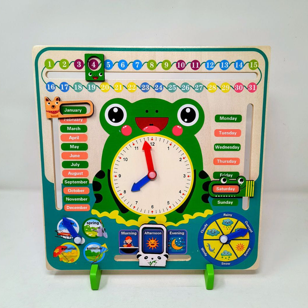 Wooden Cartoon Frog Learning Time Set – Educational Calendar and Teaching Clock Toy for Kids' Cognitive Development