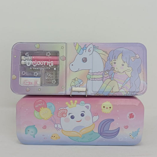 Cute Print Metal Pencil Box Compass Box for Kids, Toddler, Children, School