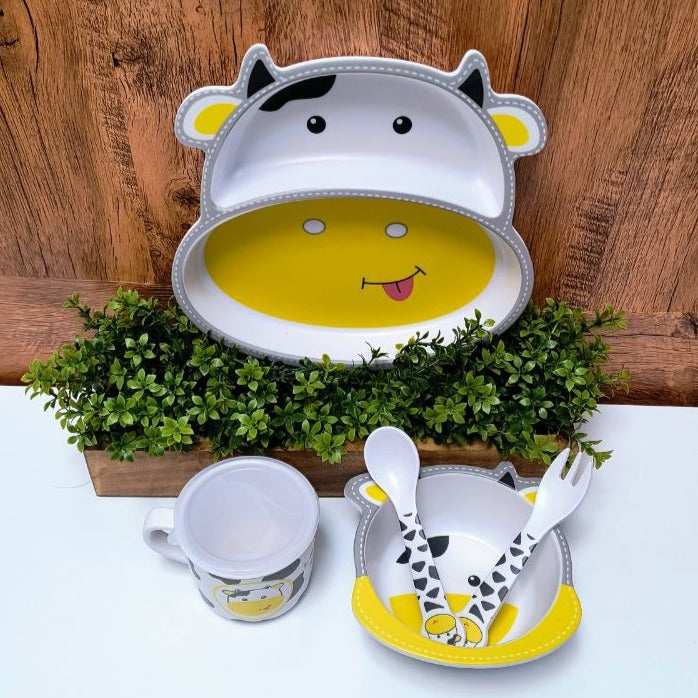 Bamboo Fiber Cow Animal Kids Design Plates and Cup Feeding Set for Kids