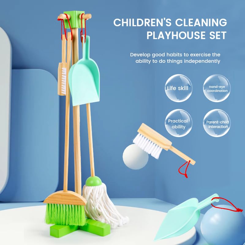 Wooden Kids Cleaning Set – Montessori Pretend Play Kit with Broom, Mop & Stand