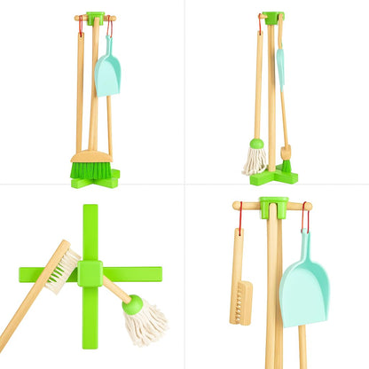 Wooden Kids Cleaning Set – Montessori Pretend Play Kit with Broom, Mop & Stand