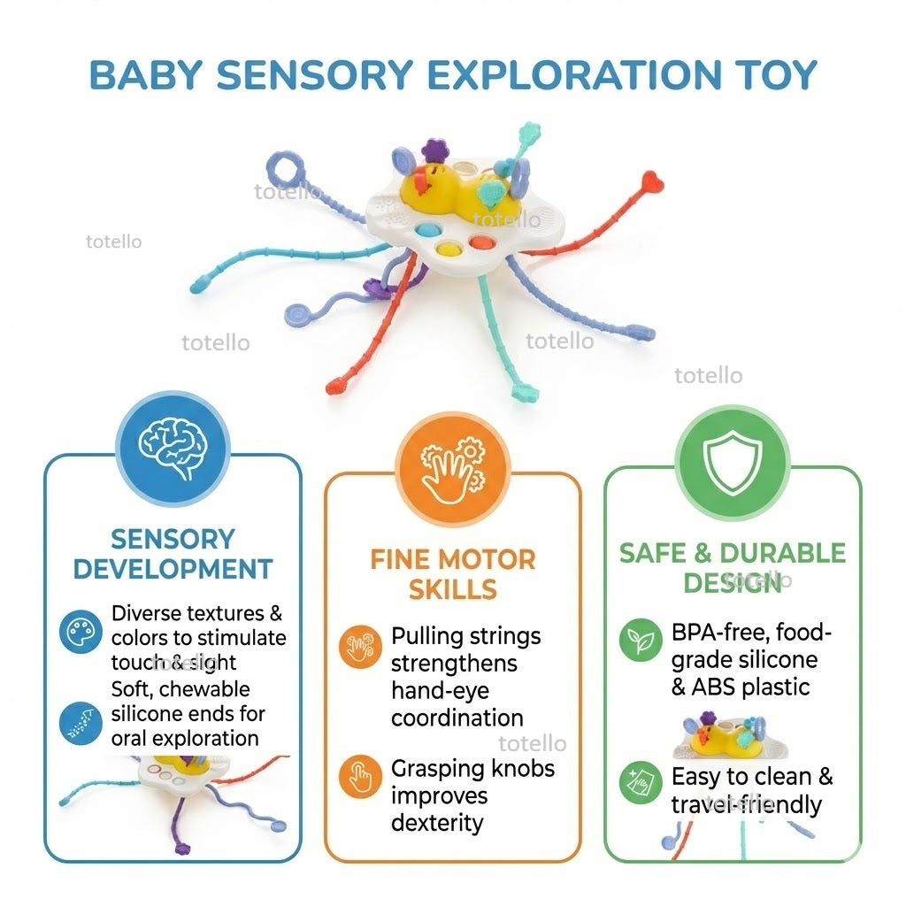 Totello Pehla Toy Pull String Silicone Teether Sensory Play with Pop-It Buttons for Babies