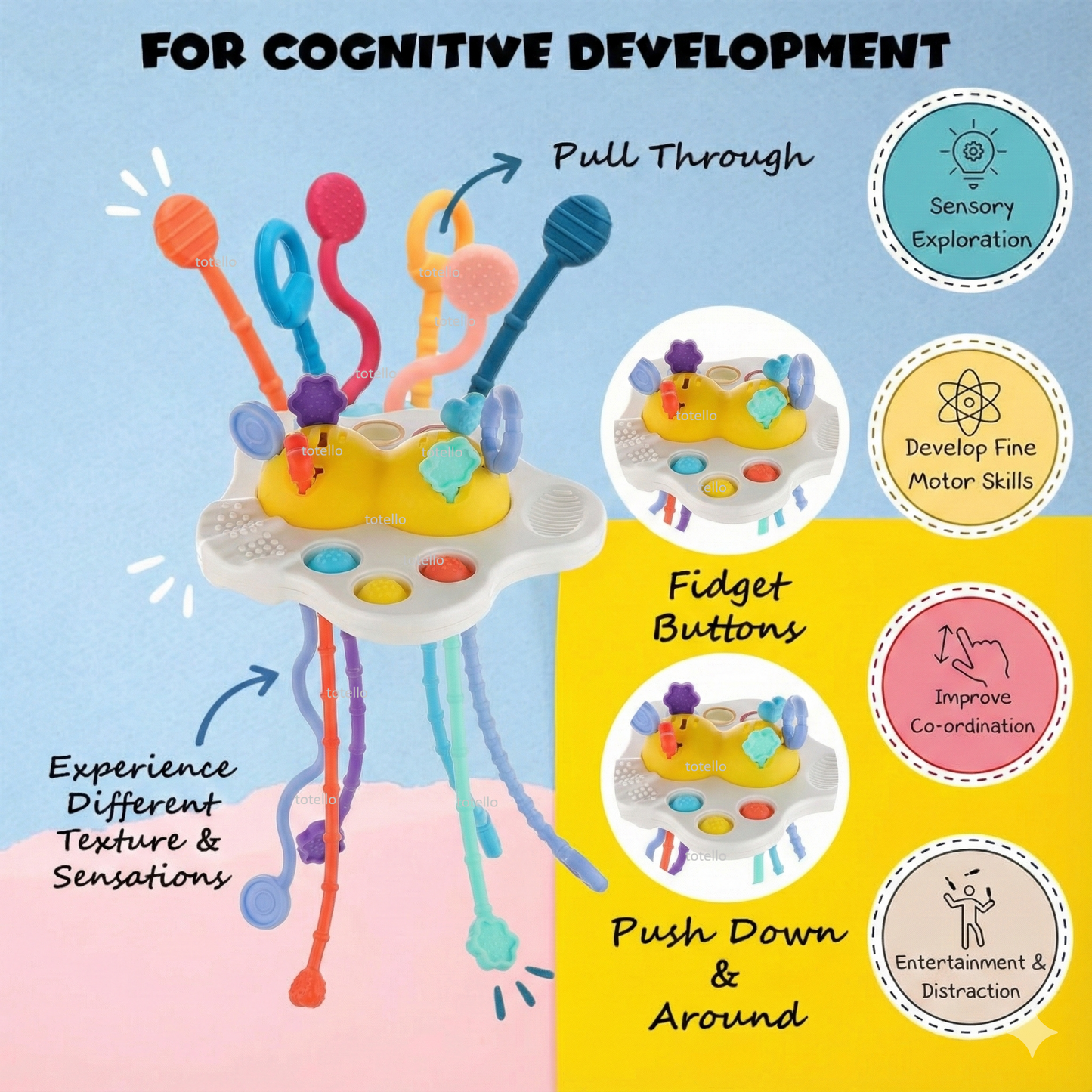 Totello Pehla Toy Pull String Silicone Teether Sensory Play with Pop-It Buttons for Babies