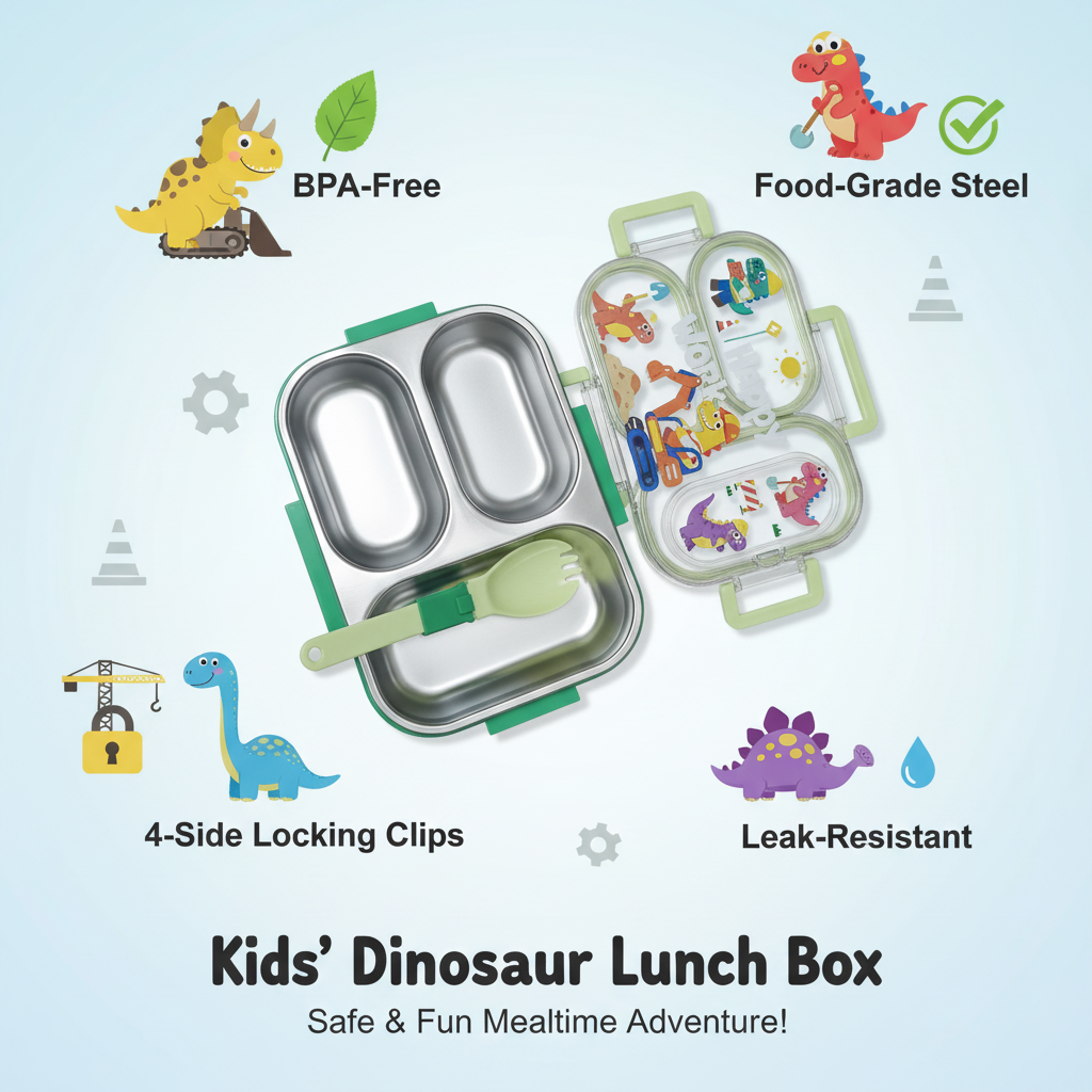 Happy Cute Dinosaur Kids Lunch Box – Stainless Steel 3-Compartment Bento Box with Spork