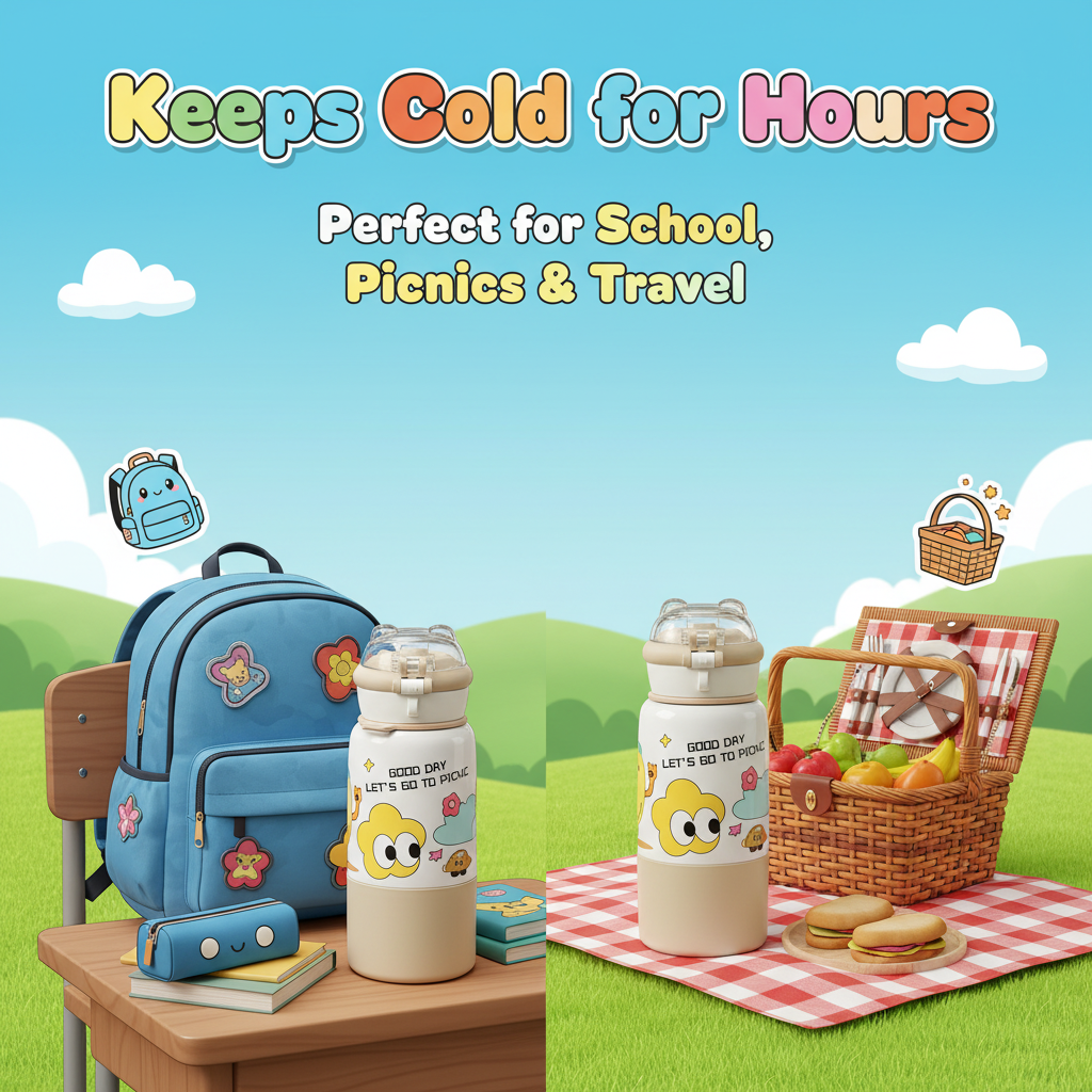Good Day Kids Insulated Water Bottle 2 in 1 with Straw and Spout – Cute Cartoon Design (Good Day Let's Go to Picnic)