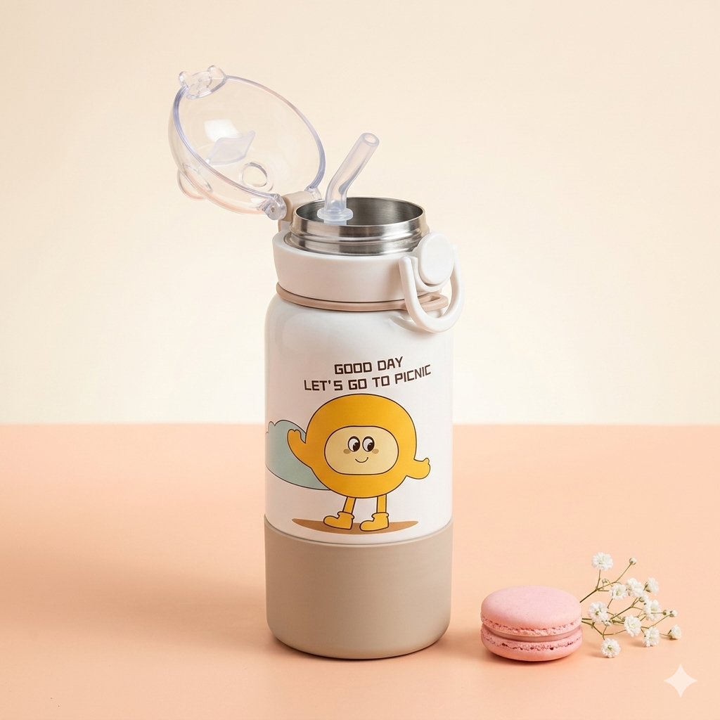 Good Day Kids Insulated Water Bottle 2 in 1 with Straw and Spout – Cute Cartoon Design (Good Day Let's Go to Picnic)