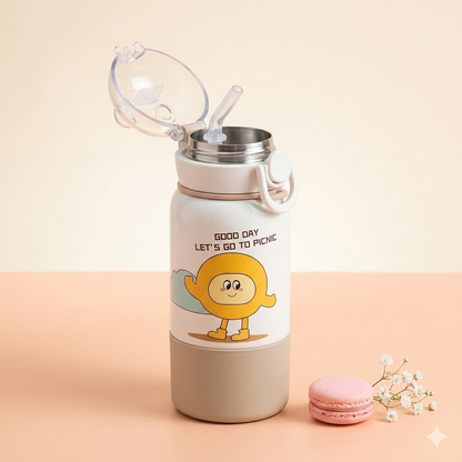 Good Day Kids Insulated Water Bottle 2 in 1 with Straw and Spout – Cute Cartoon Design (Good Day Let's Go to Picnic)