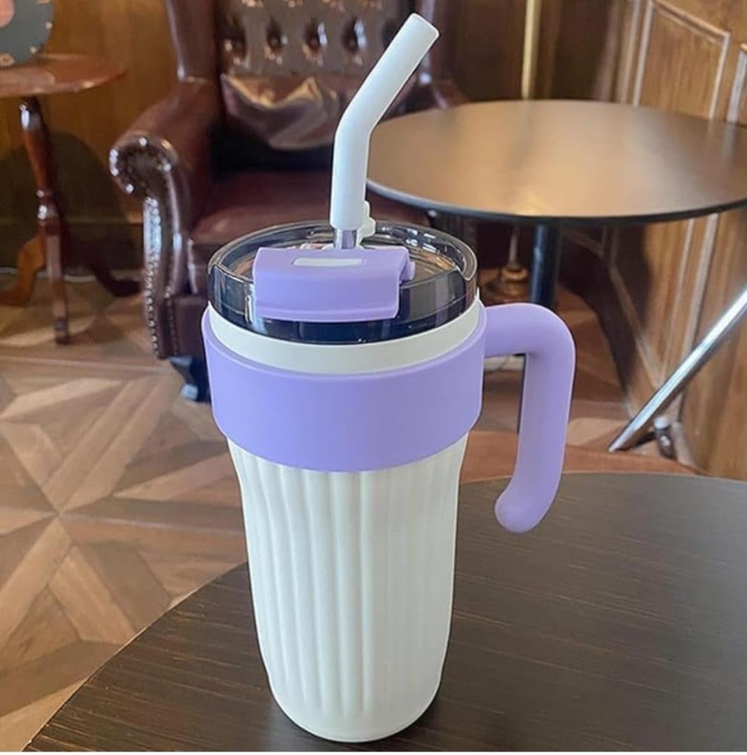 White Large Stainless Steel Tumbler With Handle and Straw – 860ml Bottle