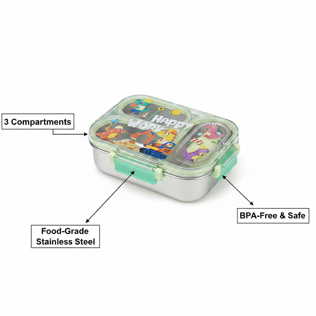 Happy Cute Dinosaur Kids Lunch Box – Stainless Steel 3-Compartment Bento Box with Spork