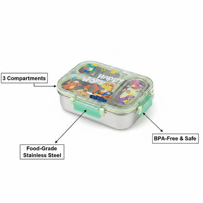 Happy Cute Dinosaur Kids Lunch Box – Stainless Steel 3-Compartment Bento Box with Spork