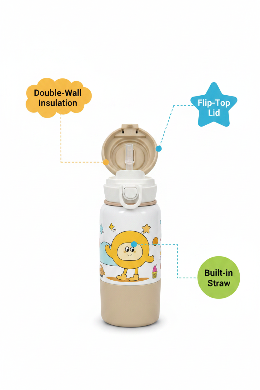 Good Day Kids Insulated Water Bottle 2 in 1 with Straw and Spout – Cute Cartoon Design (Good Day Let's Go to Picnic)