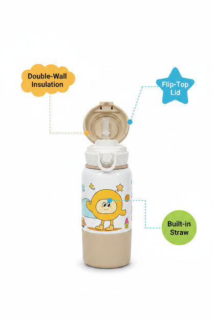 Good Day Kids Insulated Water Bottle 2 in 1 with Straw and Spout – Cute Cartoon Design (Good Day Let's Go to Picnic)