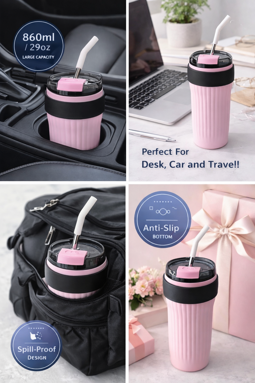 Pink Stainless Steel Tumbler With Straw and Without Handle – 860ml Bottle