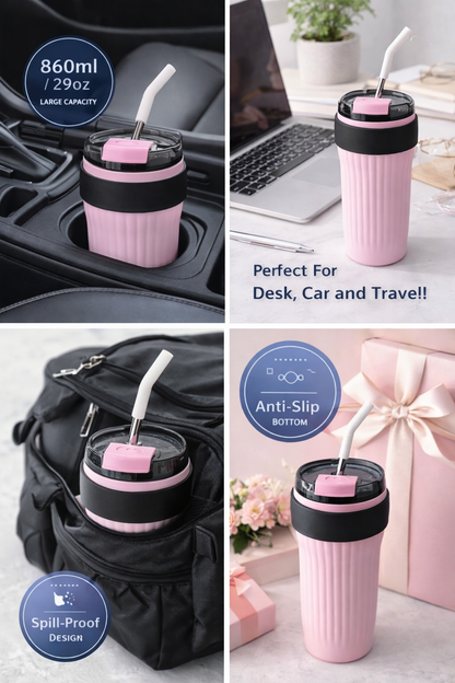 Pink Stainless Steel Tumbler With Straw and Without Handle – 860ml Bottle