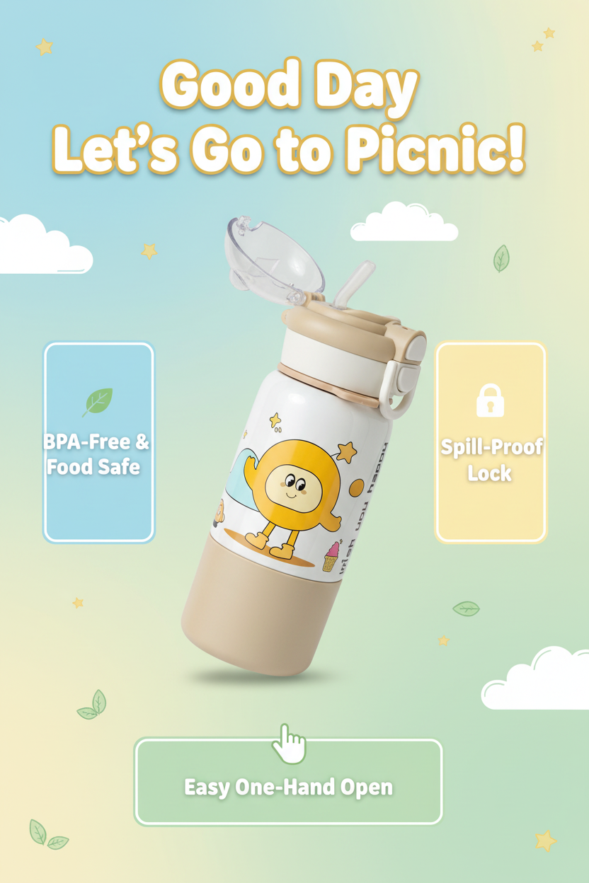 Good Day Kids Insulated Water Bottle 2 in 1 with Straw and Spout – Cute Cartoon Design (Good Day Let's Go to Picnic)
