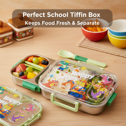 Happy Cute Dinosaur Kids Lunch Box – Stainless Steel 3-Compartment Bento Box with Spork