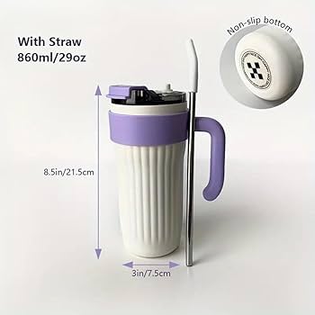 White Large Stainless Steel Tumbler With Handle and Straw – 860ml Bottle