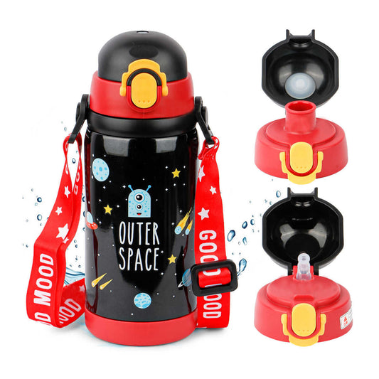 Black Outer Space Premium Water Bottle | 450ml Stainless Steel | Hot & Cold | Double Lid & Strap